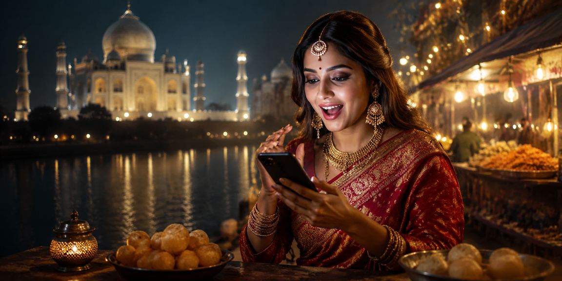 Mobile user browsing casino site near Taj Mahal Agra